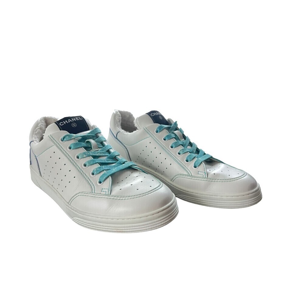 CHANEL Calfskin Men’s Logo Trainer White Blue - Picture 1 of 13